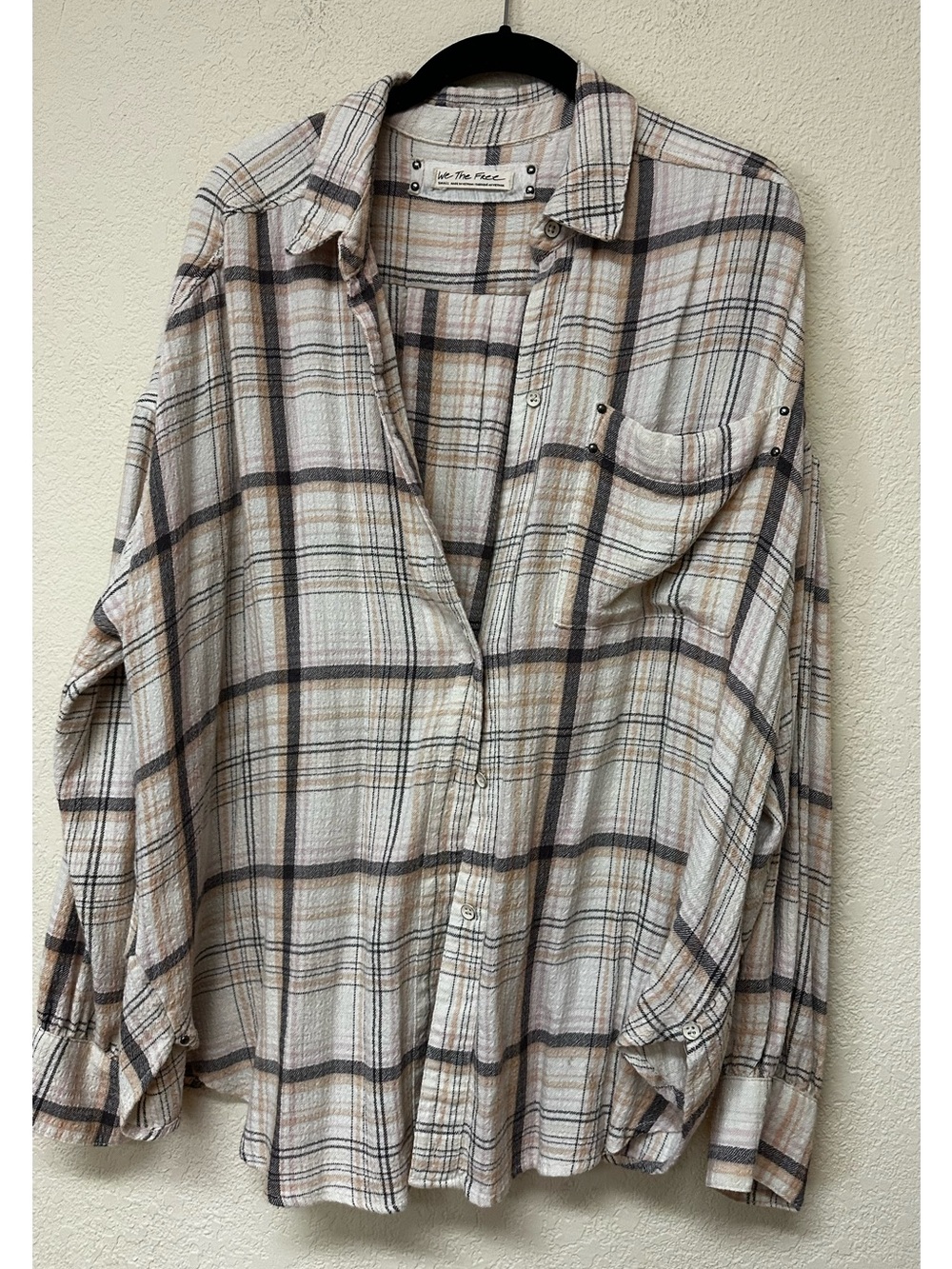 Free People Beige and Brown Plaid Button-Down Shirt Shacket Size S